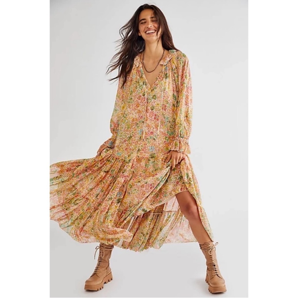 Free People Feeling Groovy Floral Maxi Dress in Mustard, Green, Pink Size L